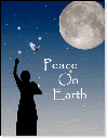 A woman releasing a dove to space with the words peace on earth